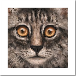 Close Up Painting of a Gray Kitten Face with It's Big Orange Eyes Posters and Art